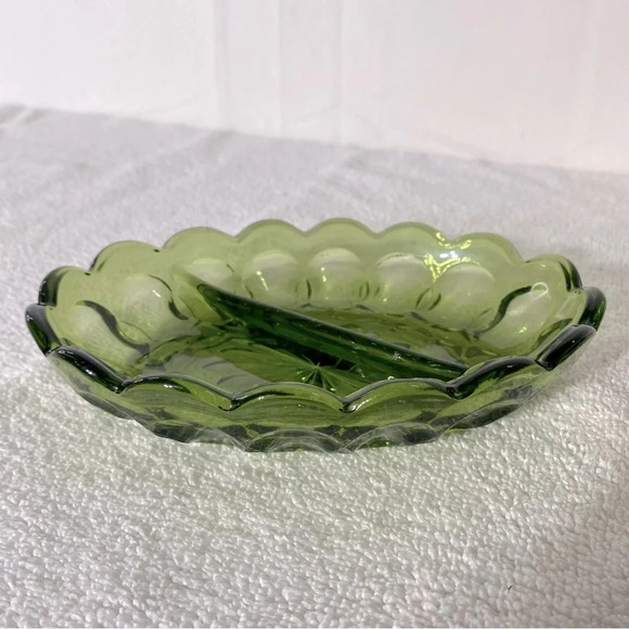 Vintage Indiana Avocado  Green Thumb Print Scalloped Edge Divided Relish Dish - Picture 8 of 14